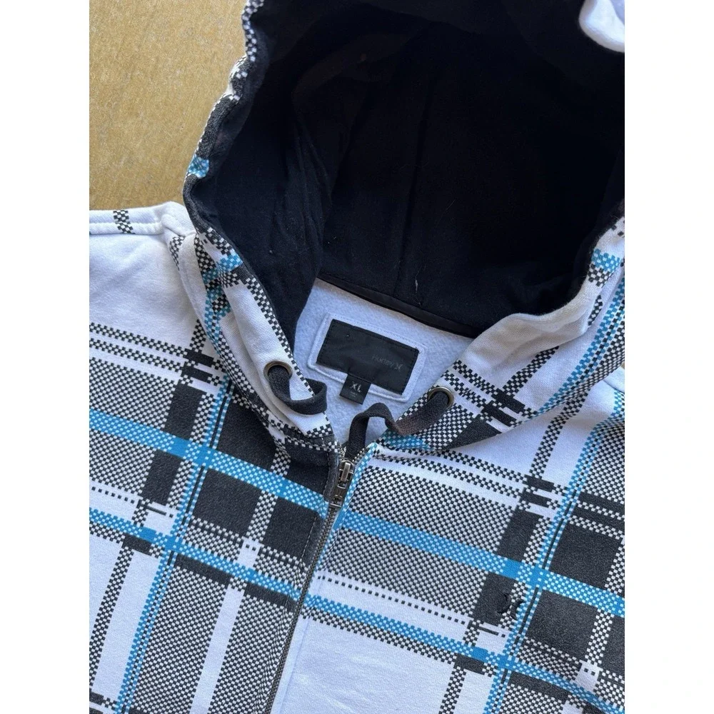 Hurley Heavyweight Plaid Zip Up Hoodie Jacket Skater Y2K Surfer Checkered (XL)